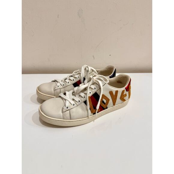 Gucci Leather Web Ace Lace Up Embroidered Loved Sneakers White Womens Size 37 - Picture 2 of 7